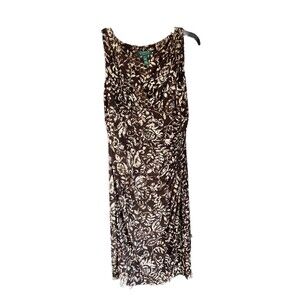 Lauren Ralph Lauren Faux Wrap Sleeveless Dress Slinky Brown Floral 6 Cinched